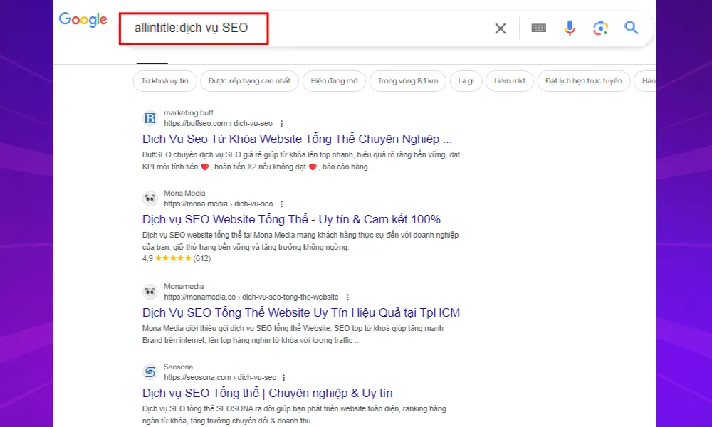 Vi dụ về ý nghĩa của câu lệnh Allintitle trong SEO