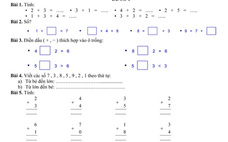 Đề thi cuối học kì 1 lớp 1 môn toán