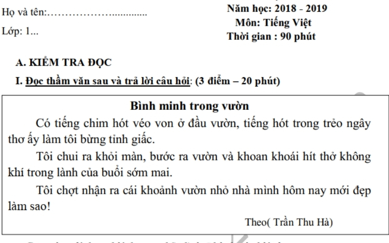 Đề thi học kì 2 lớp 1 môn Tiếng Việt
