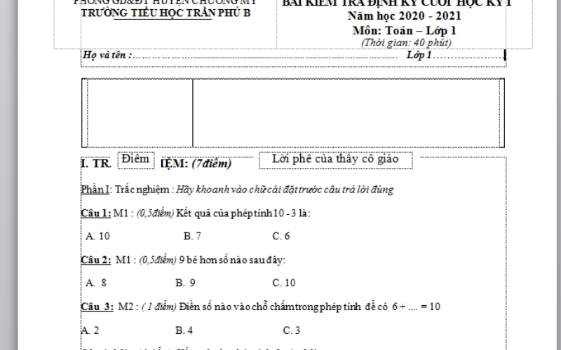 Kiến thức trọng tâm ôn thi Toán lớp 1 học kì 1