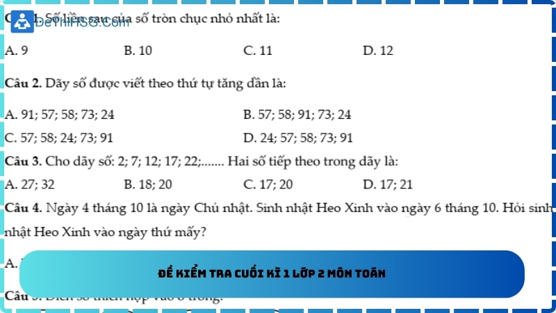 Đề kiểm tra cuối kì 1 lớp 2 môn toán