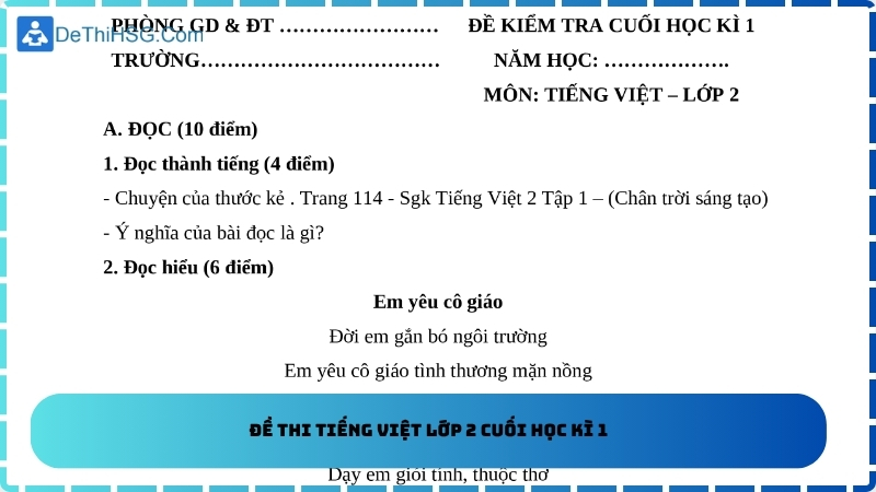 Đề thi Tiếng Việt lớp 2 cuối học kì 1
