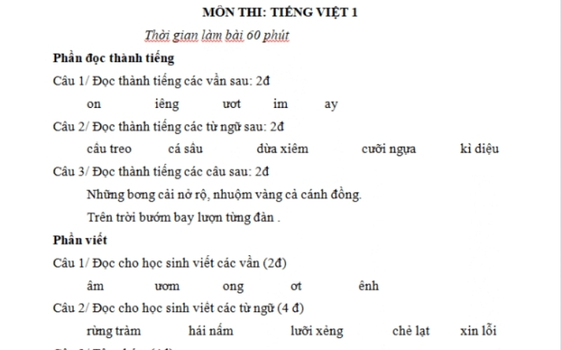 Đề thi cuối học kì 1 môn tiếng việt lớp 1