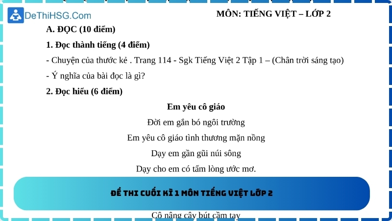 Đề thi cuối kì 1 môn Tiếng Việt lớp 2