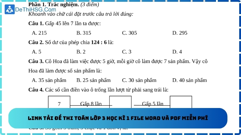 Link tải đề thi toán lớp 3 học kì 1 file Word và PDF miễn phí